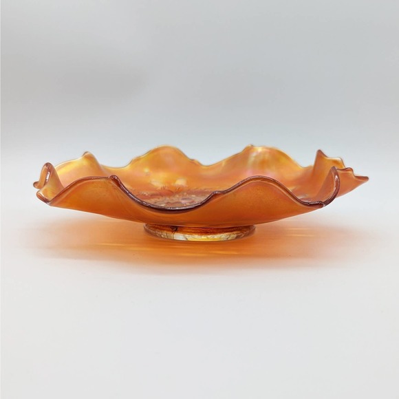 1920s Fenton Acorn Marigold Carnival Glass Footed Bowl w Crimped Rim Pattern 834 - Picture 9 of 12